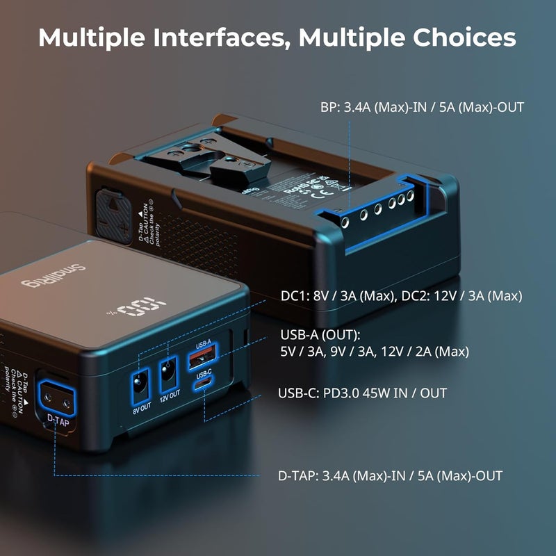 SMALLRIG بطارية V Mount VB50 سوداء، 50Wh / 3400mAh بطارية V Mount مع خرج 45W، شحن كامل في 1.5 ساعة، مع USB-C، D-TAP، USB-A، منفذين DC مزدوجين، شاشة OLED، لكاميرات، هواتف، كاميرات فيديو، شاشات - Image 3